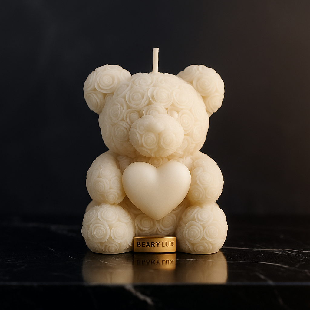 Off-white teddy-bear candle with rosebud texture and heart; size 6 cm × 5 cm